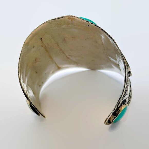 Vintage Bracelet Afghan Middle Eastern Silver Cuff Green Jasper Big Wide Ethnic - Picture 5 of 5